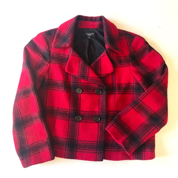 Talbots Wool Blend Red Black Buffalo Plaid Double Breast Blazer Jacket 16 Petite - Picture 1 of 12